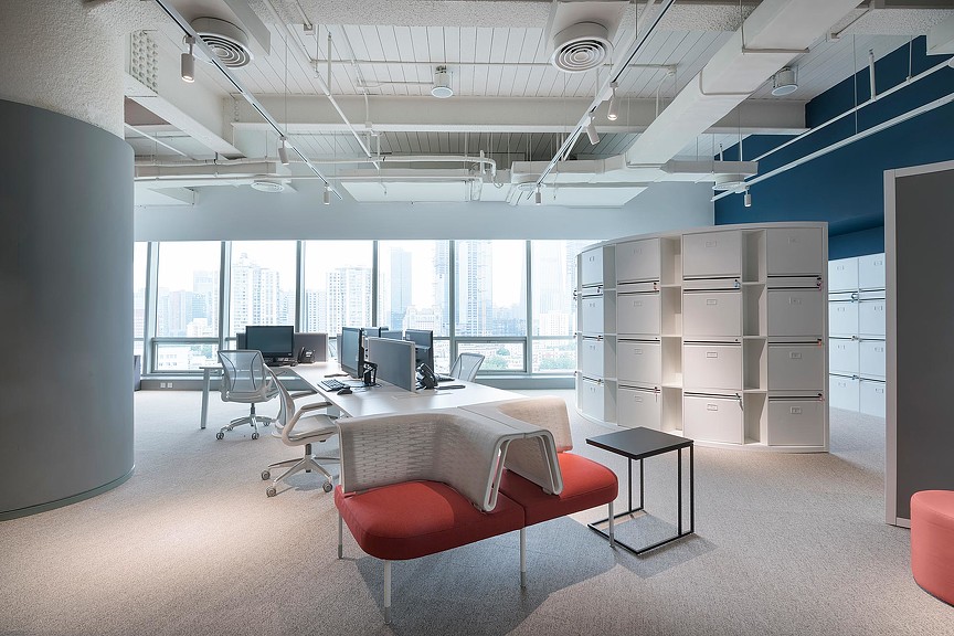 An office with a large window.